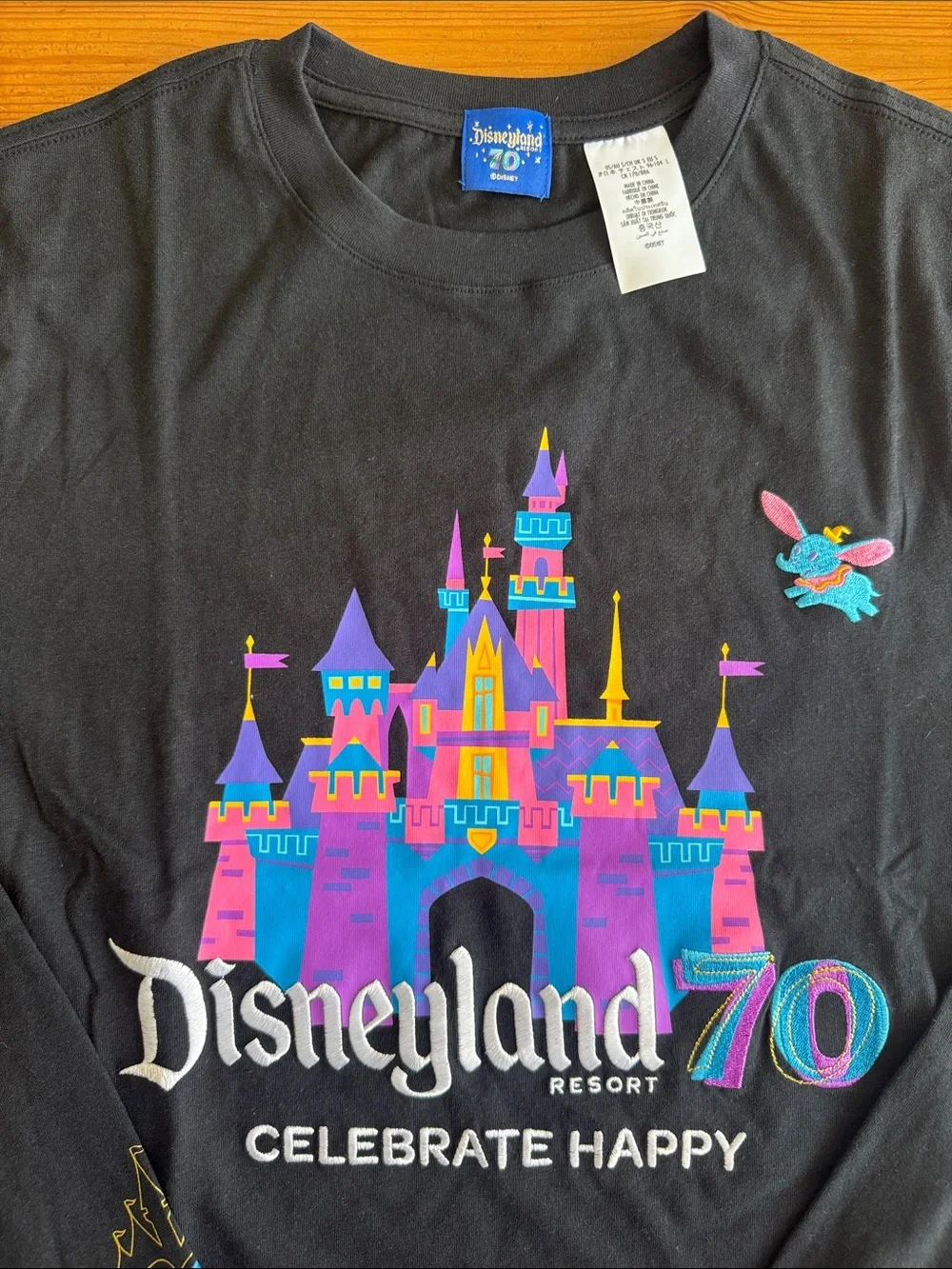 Disney Disneyland Black Long-Sleeve Tee Shirt with Colorful Castle 70th Graphic